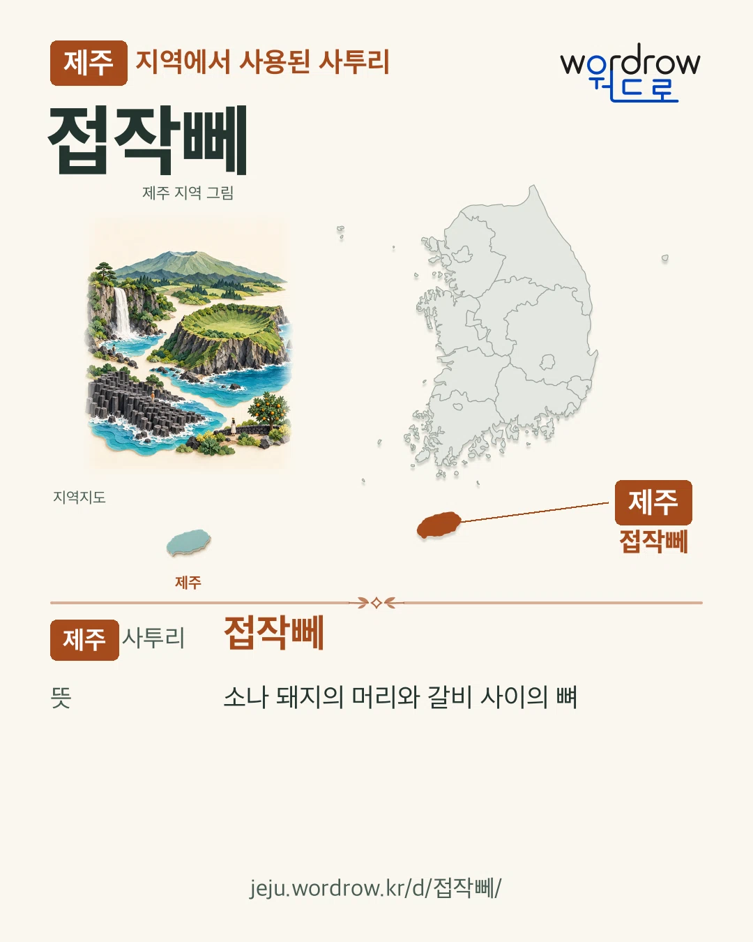 제주 지역에서 사용된 사투리 ‘접작뻬’. 뜻: 소나 돼지의 머리와 갈비 사이의 뼈. 기록 지역을 표시한 지역 그림과 지도 카드.