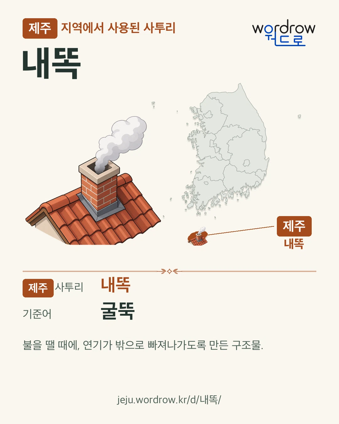 제주 지역에서 사용된 사투리 ‘내똑’. 기준어: 굴뚝. 기록 지역을 표시한 카툰 삽화와 지도 카드.