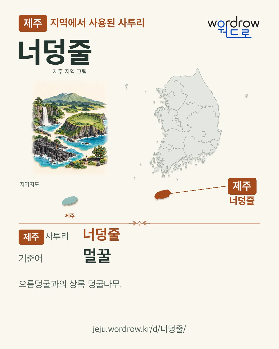 제주 지역에서 사용된 사투리 ‘너덩줄’. 기준어: 멀꿀. 기록 지역을 표시한 지역 그림과 지도 카드.
