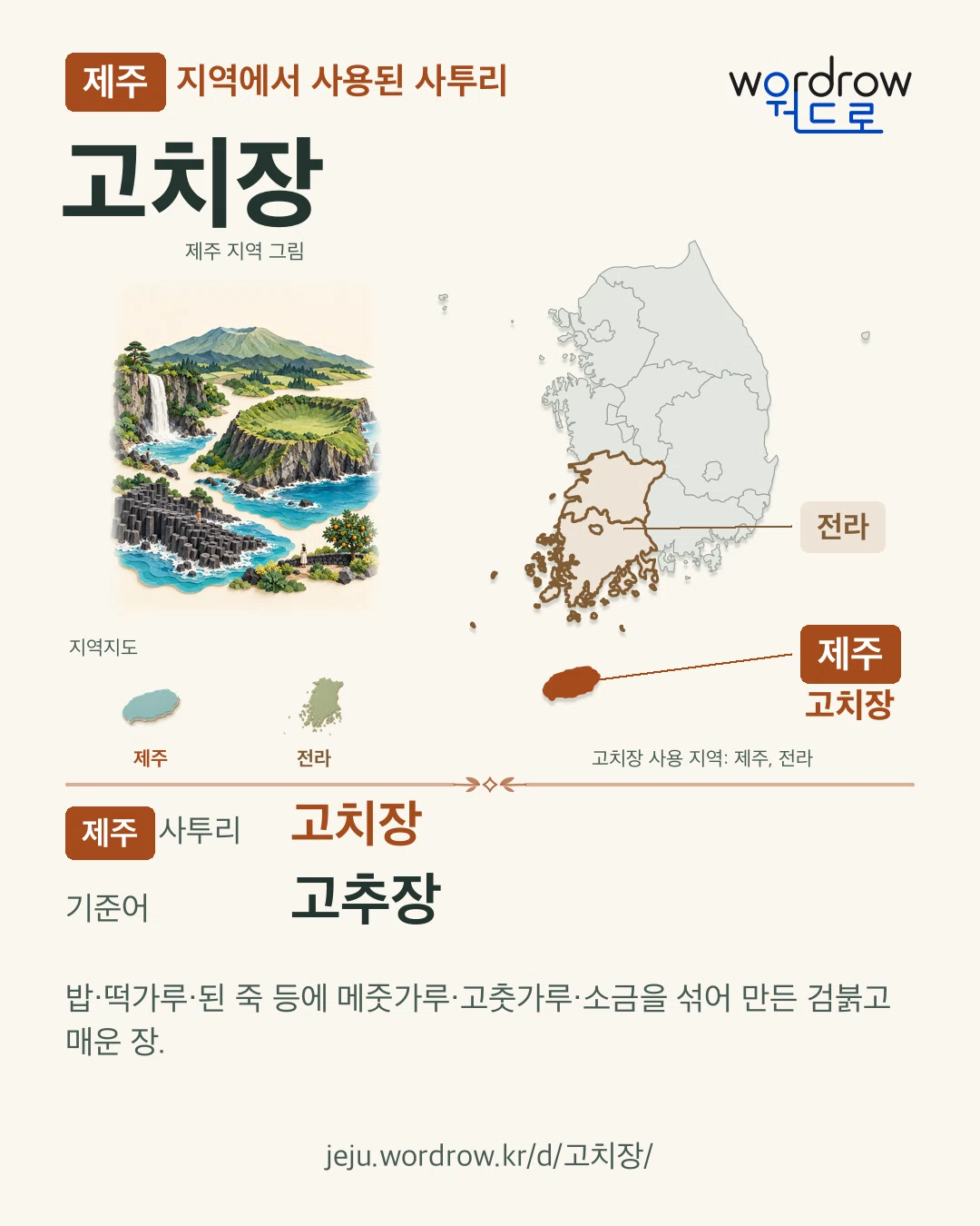 제주 지역에서 사용된 사투리 ‘고치장’. 기준어: 고추장. 기록 지역을 표시한 지역 그림과 지도 카드.