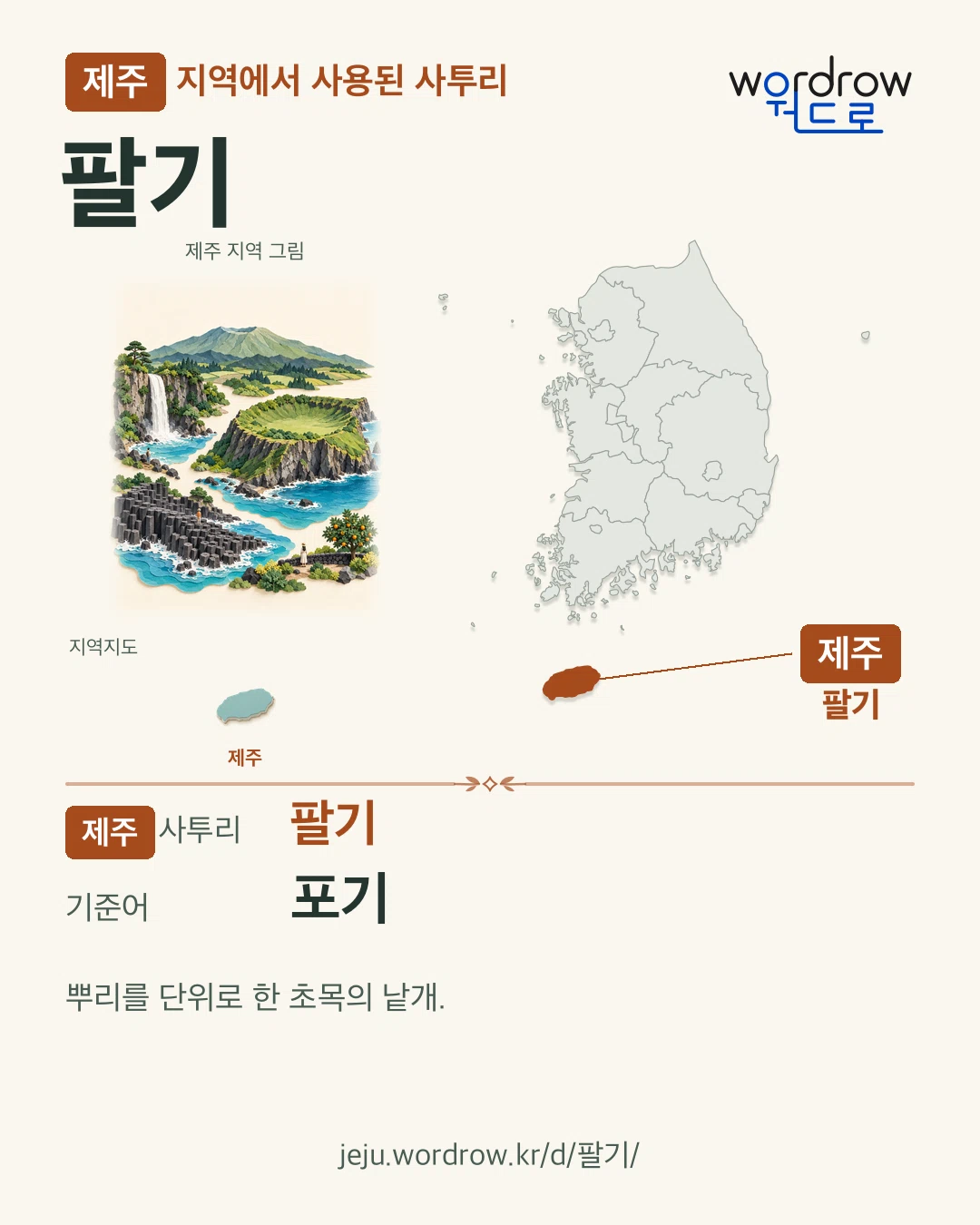 제주 지역에서 사용된 사투리 ‘팔기’. 기준어: 포기. 기록 지역을 표시한 지역 그림과 지도 카드.