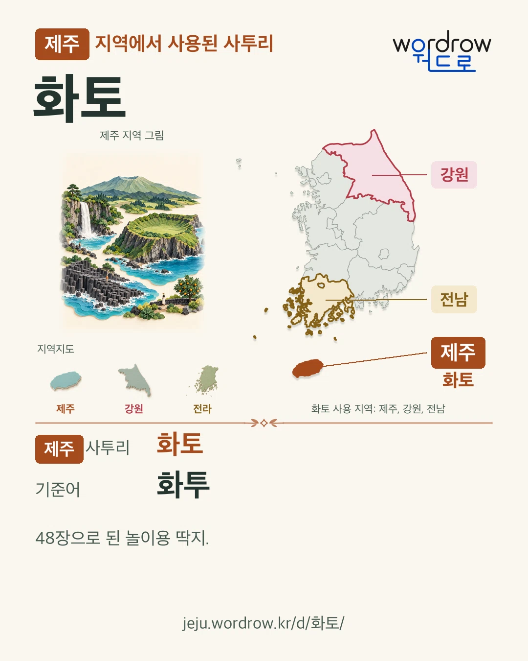 제주 지역에서 사용된 사투리 ‘화토’. 기준어: 화투. 기록 지역을 표시한 지역 그림과 지도 카드.