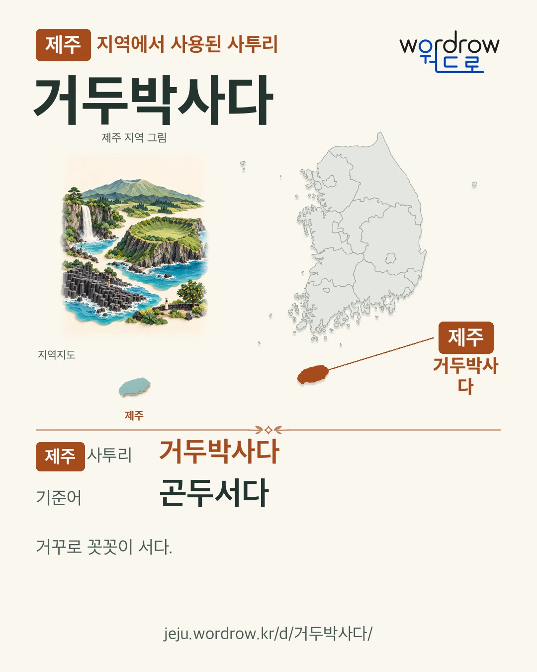 제주 지역에서 사용된 사투리 ‘거두박사다’. 기준어: 곤두서다. 기록 지역을 표시한 지역 그림과 지도 카드.